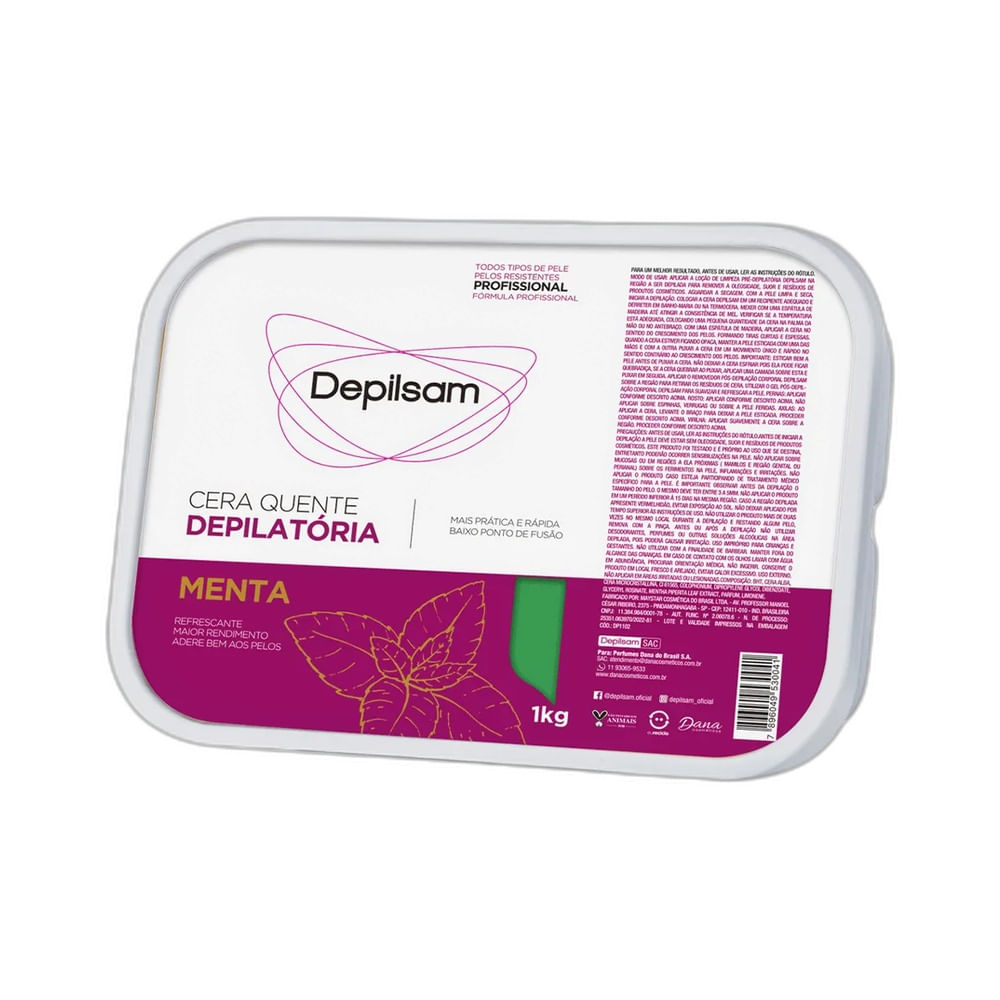 Embalagem da Cera Depilatória Depilsam Menta 1kg com design branco, roxo e verde, mostrando folhas de menta e logo da marca